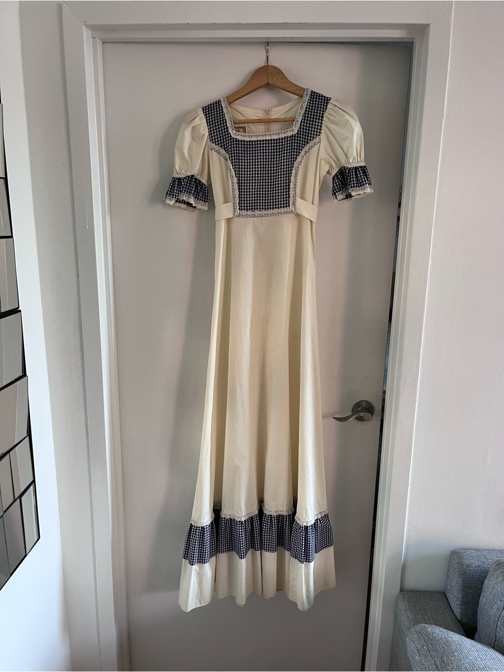 Gunne Sax by Jessica Vintage Cream Dress with Navy Gingham Yoke - Picture 6 of 7